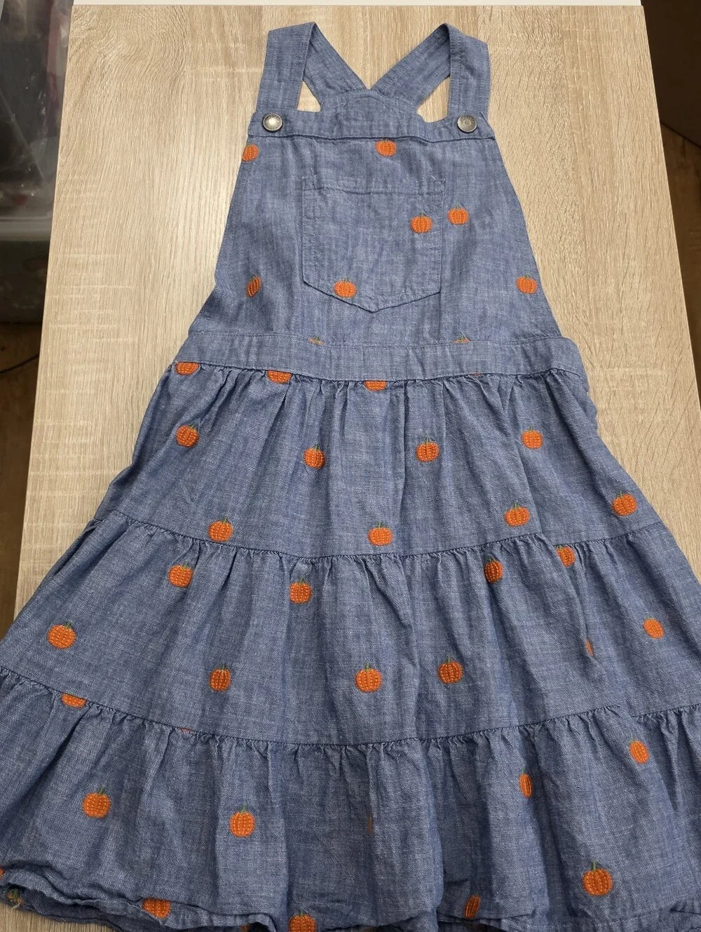 Gymboree Girls Blue Chambray Pumpkin-Embroidered Pinafore Overalls Jumper Dress
